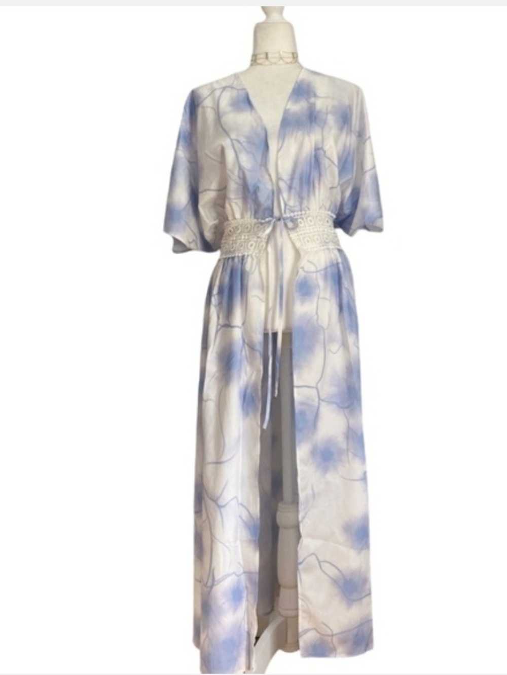 Cupshe Blue & White Tie-Dye Satin Crochet-Waist Long Coverup